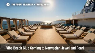 Elevated deck view of the new Vibe Beach Club on Norwegian Jewel, showcasing cabanas, loungers, and ocean vista.