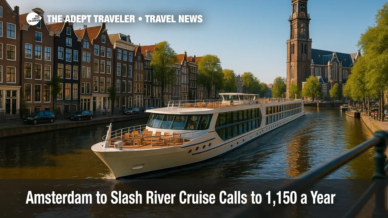 A sleek river-cruise vessel glides past historic canal houses in Amsterdam, illustrating the city's new river cruise cap policy.