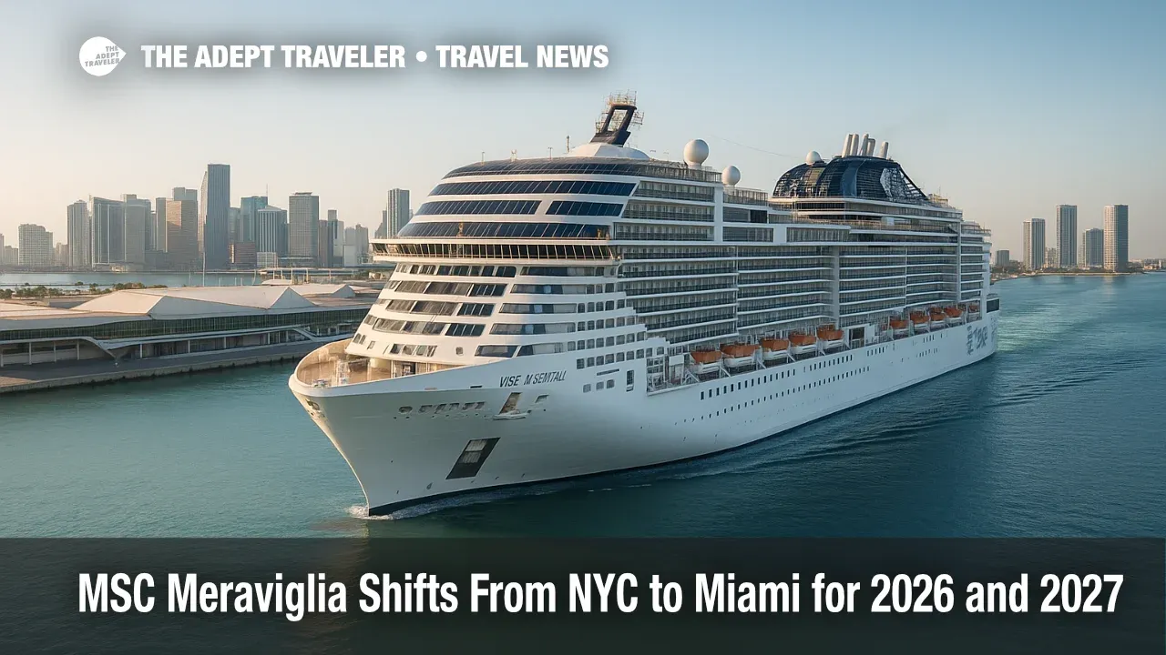 MSC Meraviglia docked at PortMiami on a clear morning, signaling the ship's new Caribbean cruise homeport.