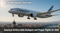 An American Airlines Boeing 787-8 soars above Budapest's Parliament and the Danube, illustrating American Airlines Budapest flights and the new Prague route.