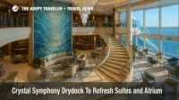 Refurbished Crystal Symphony Atrium with new mosaic and chandelier after cruise ship upgrade.