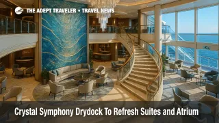 Refurbished Crystal Symphony Atrium with new mosaic and chandelier after cruise ship upgrade.