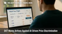 Traveler books airline ticket online; laptop shows JFK-LAX fare $358, highlighting AI pricing concerns.