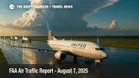 Storm clouds over Fort Lauderdale runway as a United 737 taxis, illustrating FAA daily air traffic delays on August 7, 2025.