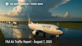Storm clouds over Fort Lauderdale runway as a United 737 taxis, illustrating FAA daily air traffic delays on August 7, 2025.