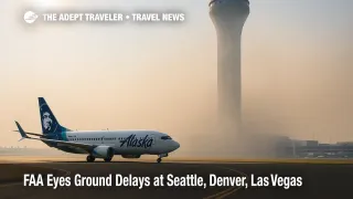 Seattle-Tacoma International Airport tower rises through light wildfire smoke, illustrating possible ground delay program impacts on flights.