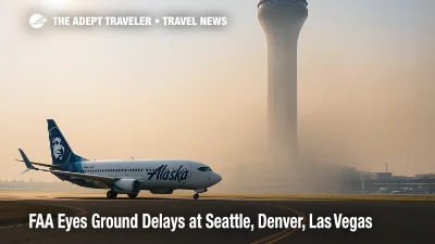Seattle-Tacoma International Airport tower rises through light wildfire smoke, illustrating possible ground delay program impacts on flights.