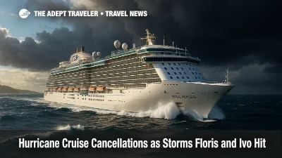Regal Princess battles heavy seas under brooding clouds near Scotland, illustrating hurricane cruise cancellations during storm season.