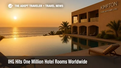 A new Kimpton resort pool at sunset illustrates IHG's leap to one million hotel rooms worldwide.