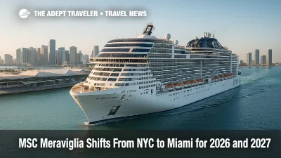 MSC Meraviglia docked at PortMiami on a clear morning, signaling the ship's new Caribbean cruise homeport.
