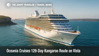 A three-quarter view of Oceania Vista sailing past Sydney Harbour under clear skies, promoting the Oceania Cruises Kangaroo Route around the world cruise.