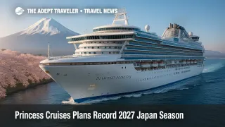 Diamond Princess sails past Mount Fuji under clear skies during cherry-blossom season, illustrating Princess Cruises Japan 2027 itinerary.