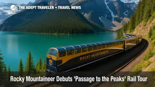 Rocky Mountaineer train on the Passage to the Peaks route glides past Lake Louise under a clear summer sky in the Canadian Rockies.