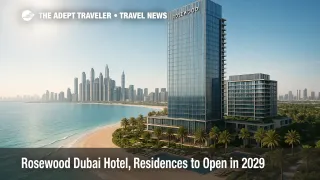 Rendering of Rosewood Dubai's glass-fronted towers rising along Jumeirah Beach with Dubai's skyline beyond at sunrise.