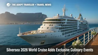 Silver Dawn glides past Table Mountain on a bright morning, showcasing Silversea 2026 world cruise exclusivity with elegant floral deck décor.