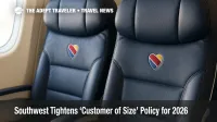 A Southwest Airlines 737 cabin aisle view shows a reserved seat card on an empty adjacent seat, illustrating the updated Customer of Size policy.