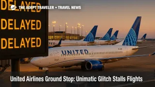 Row of United Airlines jets idle at Chicago O'Hare gates as departure boards flash delayed during the Aug. 6 nationwide ground stop flight delay.