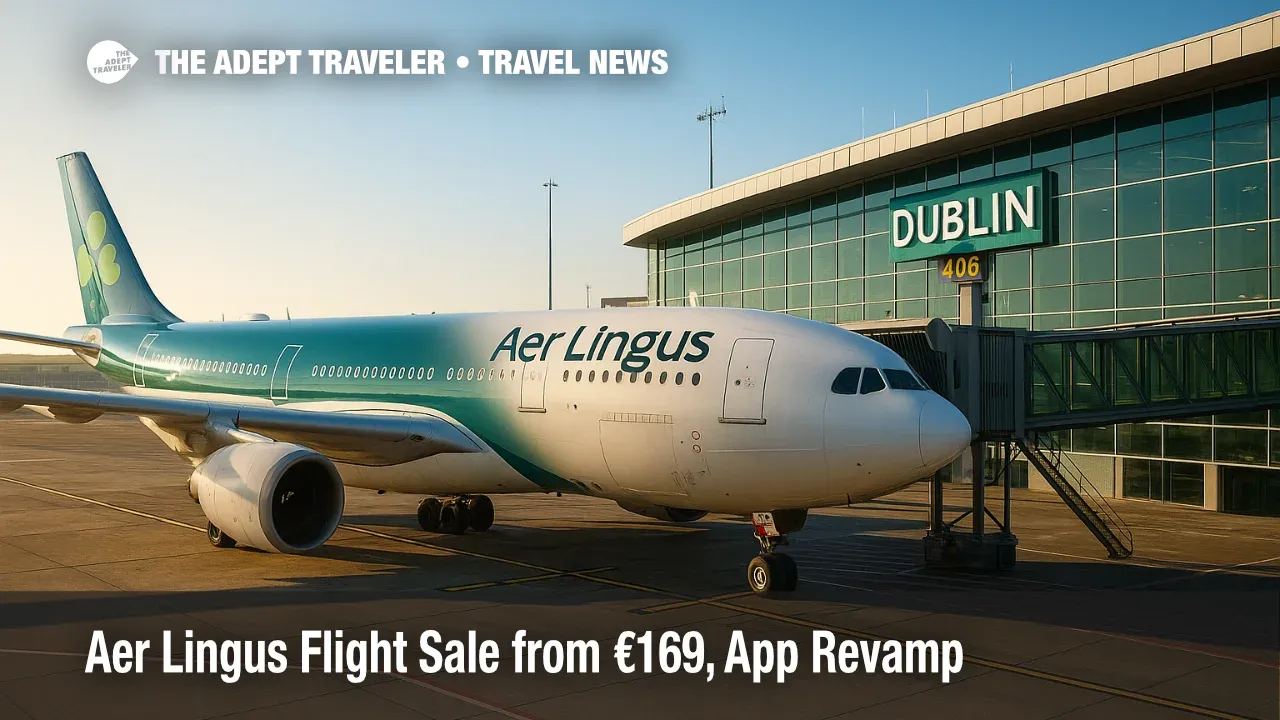 Aer Lingus A330 at a Dublin Airport gate as signage teases U.S. airfare deals, supporting coverage of the Aer Lingus flight sale and app refresh.
