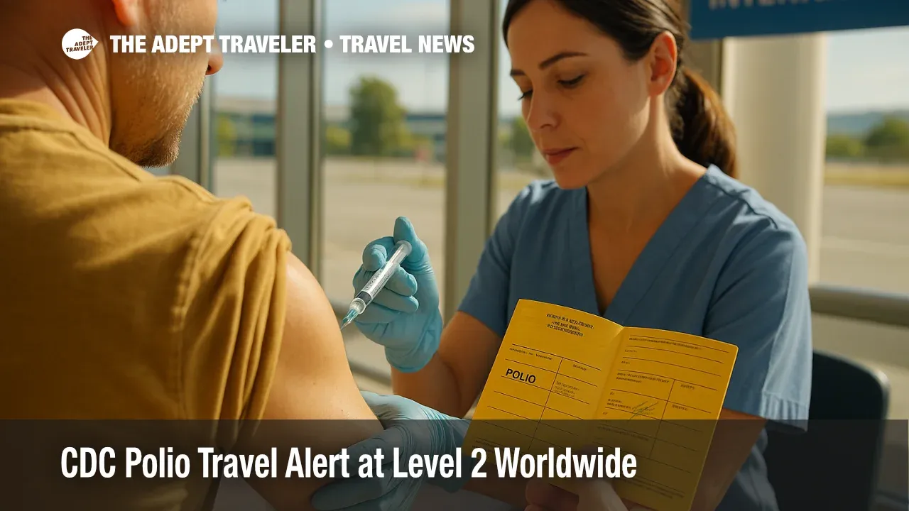 Clinician administers a polio booster at a travel clinic as a traveler reviews vaccine card, reflecting CDC polio travel alert guidance.