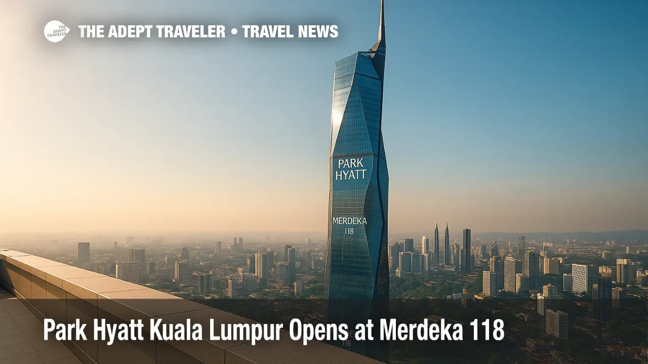 Elevated view of Merdeka 118 with Park Hyatt Kuala Lumpur near the top, blue sky and city skyline framing the new luxury hotel in Malaysia.