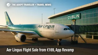 Aer Lingus A330 at a Dublin Airport gate as signage teases U.S. airfare deals, supporting coverage of the Aer Lingus flight sale and app refresh.