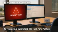 A secure airline contact-center desk with alert on screen highlights risk from an Air France-KLM cyberattack without exposing passports or payments.
