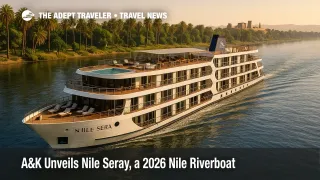 Nile Seray luxury riverboat gliding on the Nile at golden hour with pool deck, sundeck daybeds, and palm-lined banks, a premium Nile river cruise scene.