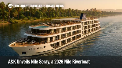 Nile Seray luxury riverboat gliding on the Nile at golden hour with pool deck, sundeck daybeds, and palm-lined banks, a premium Nile river cruise scene.