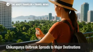 A traveler applies insect repellent on a hotel balcony in a subtropical city, illustrating precautions during a chikungunya outbreak.