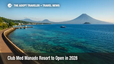 A wide view of Manado's coastline and Bunaken reefs near the planned Club Med Manado resort, highlighting North Sulawesi travel appeal.