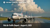 Thunderheads build over queued jets on a wet runway, illustrating the FAA Daily Air Traffic Report and potential flight delays across Florida.
