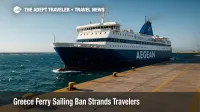 A docked Aegean ferry sits idle in Piraeus as Aegean Sea winds force widespread ferry cancellations Greece during a Greece ferry sailing ban.