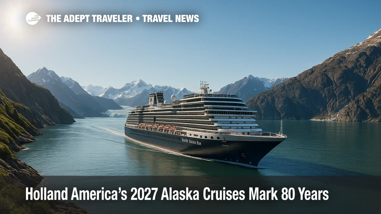 A Holland America ship glides through Glacier Bay under clear skies, marking 80 years with an Inside Passage cruise focus and glacier viewing.