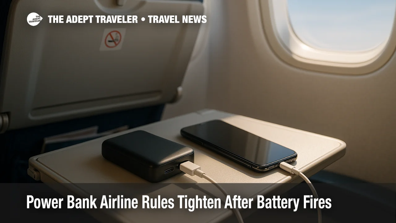 A power bank and phone sit on an airline tray table, illustrating updated power bank airline rules and inflight safety practices.