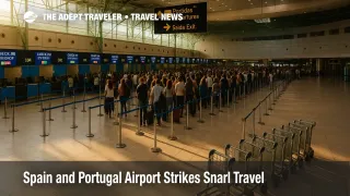 Busy check-in hall at LIS with paused baggage-drop lanes during Spain and Portugal airport strikes, long lines forming near airline counters.