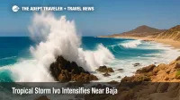 Powerful Pacific waves crash along Baja's coast as Tropical Storm Ivo strengthens, highlighting rip current risk for travelers in the Eastern Pacific.