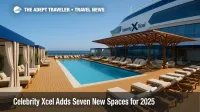View of Celebrity Xcel Pool Club with cabanas and rooftop shade, highlighting cruise ship spa and Caribbean cruises atmosphere on the new Edge Series ship.