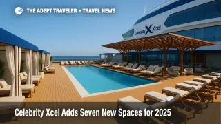 View of Celebrity Xcel Pool Club with cabanas and rooftop shade, highlighting cruise ship spa and Caribbean cruises atmosphere on the new Edge Series ship.