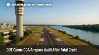 A wide view of the DCA tower and Potomac approach corridor illustrating FAA oversight issues raised in the DCA airspace audit.