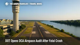 A wide view of the DCA tower and Potomac approach corridor illustrating FAA oversight issues raised in the DCA airspace audit.