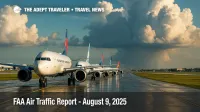 Storm clouds build over a Florida runway as jets line up for departure, illustrating flight delays in today's FAA air traffic report.