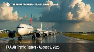 Storm clouds build over a Florida runway as jets line up for departure, illustrating flight delays in today's FAA air traffic report.