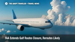 High-altitude airliner skirting thunderstorm towers over the Gulf, illustrating ATCSCC advisory reroutes and the Gulf routes closure.