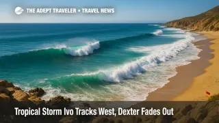 Long-period Pacific waves break along southern Baja as Tropical Storm Ivo tracks west, highlighting Eastern Pacific storm surf and rip-current risk.
