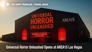 Nighttime view of Universal Horror Unleashed at AREA15 Las Vegas glowing red, inviting travelers to a year-round Halloween Horror Nights-style experience.