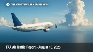 High-altitude jet over Gulf waters with towering clouds, illustrating reroutes and delays highlighted in today's FAA air traffic report.