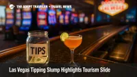 A casino bar scene shows a nearly empty tip jar beside a pricey cocktail, symbolizing Las Vegas tipping pressure amid softer Las Vegas tourism.