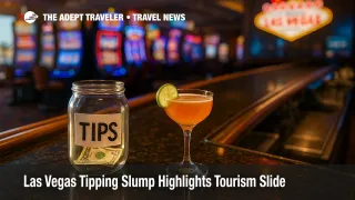 A casino bar scene shows a nearly empty tip jar beside a pricey cocktail, symbolizing Las Vegas tipping pressure amid softer Las Vegas tourism.