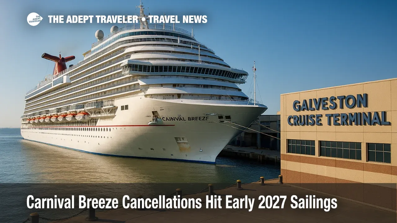 Carnival Breeze at Galveston cruise terminal under clear skies as dry dock schedule shifts prompt early 2027 Carnival Breeze cancellations.