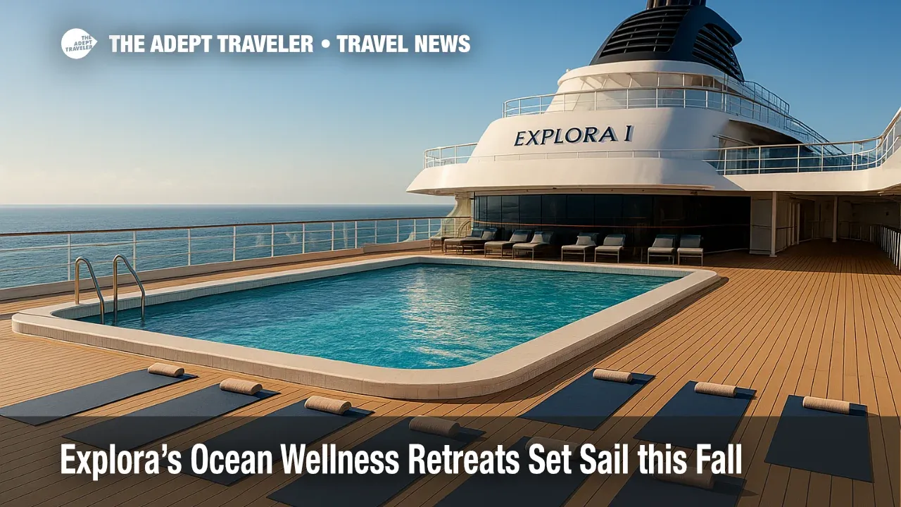 A serene deckside yoga area on EXPLORA I under clear skies, illustrating Explora Journeys' ocean wellness retreats with mats set beside a calm pool.